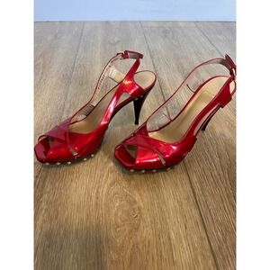 Stuart Weitzman Blenny‎ Platform Heels Womens Size 7.5 Red Slingback Stud Shoes